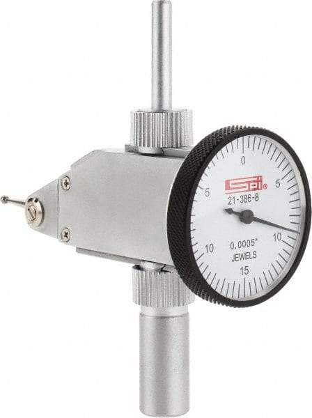 SPI - 0.03" Range, 0.0005" Dial Graduation, Vertical Dial Test Indicator - 1-1/4" White Dial, 0-15-0 Dial Reading, Accurate to 0.0005" - Americas Industrial Supply
