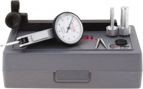 SPI - 8 Piece, 0mm to 1mm Measuring Range, 32mm Dial Diam, 0-50-0 Dial Reading, White Dial Test Indicator Kit - 0.013mm Accuracy, 21.5mm Contact Point Length, 2mm Ball Diam, 0.01mm Dial Graduation - Americas Industrial Supply