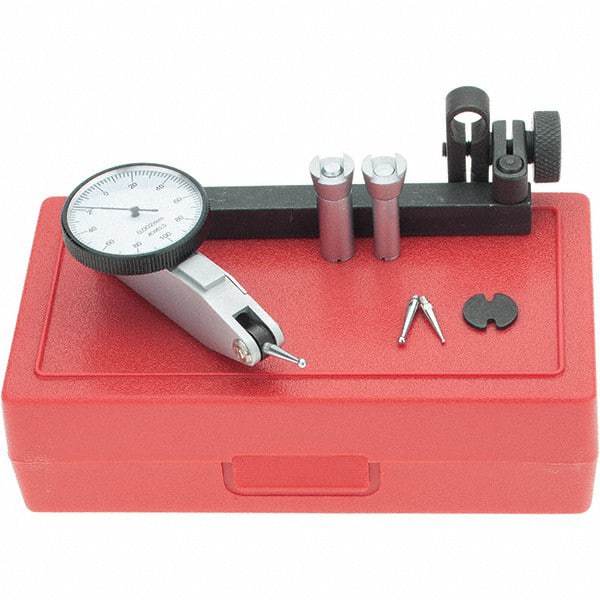 SPI - 8 Piece, 0mm to 0.2mm Measuring Range, 32mm Dial Diam, 0-100-0 Dial Reading, White Dial Test Indicator Kit - 0.04mm Accuracy, 16.2mm Contact Point Length, 2mm Ball Diam, 0.002mm Dial Graduation - Americas Industrial Supply