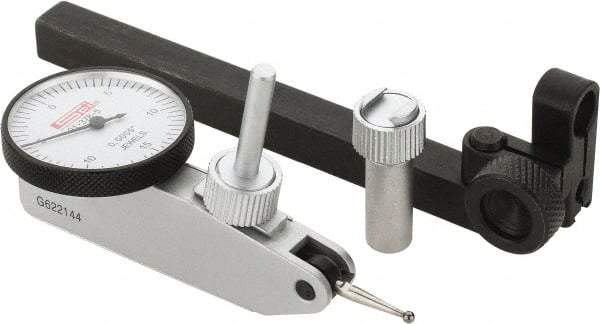 SPI - 8 Piece, 0" to 0.03" Measuring Range, 1-1/4" Dial Diam, 0-15-0 Dial Reading, White Dial Test Indicator Kit - 0.0005" Accuracy, 0.64" Contact Point Length, 0.079" Ball Diam, 0.0005" Dial Graduation - Americas Industrial Supply