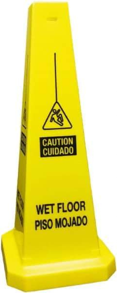 PRO-SAFE - Caution - Cuidado - Wet Floor - Piso Mojado, 10-1/2" Wide x 25-3/4" High, Polyethylene Floor Sign - English/Spanish, Cone, Black on Yellow, For Accident Prevention - Americas Industrial Supply