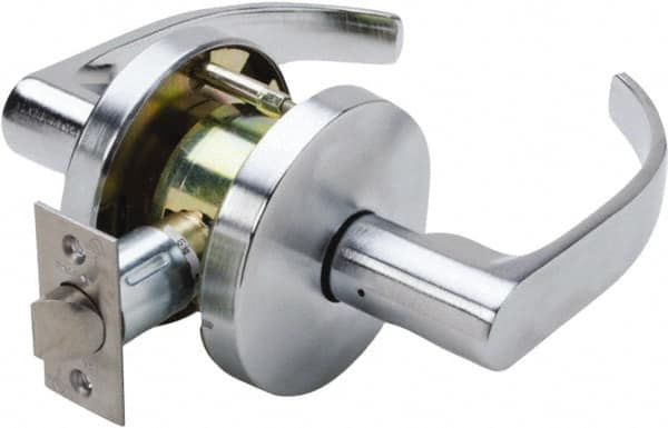 Falcon - Grade 1 Passage Lever Lockset for 1-3/8" Thick Doors - 2-3/4" Back Set, No Cylinder, Steel, Satin Chrome Finish - Americas Industrial Supply