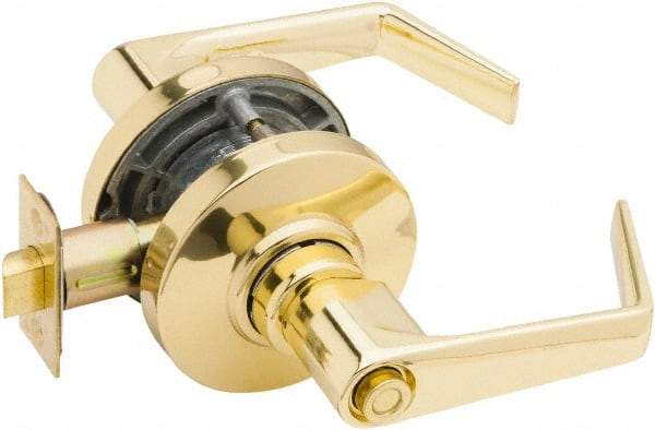 Falcon - Grade 2 Entrance Lever Lockset for 1-3/8" Thick Doors - 2-3/4" Back Set, No Cylinder, Steel, Bright Brass Finish - Americas Industrial Supply