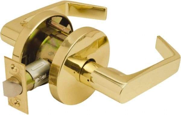 Falcon - Grade 2 Passage Lever Lockset for 1-3/8" Thick Doors - 2-3/4" Back Set, No Cylinder, Steel, Bright Brass Finish - Americas Industrial Supply