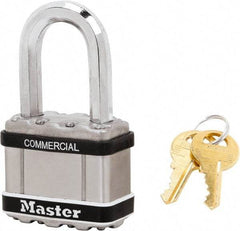 Master Lock - 1-1/2" Shackle Clearance, Keyed Alike Padlock - 3/8" Shackle Diam, Laminated Steel - Americas Industrial Supply