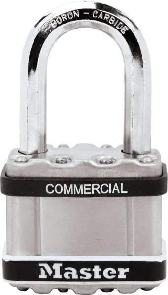 Master Lock - 2-1/2" Shackle Clearance, Keyed Different Padlock - 3/8" Shackle Diam, Laminated Steel - Americas Industrial Supply