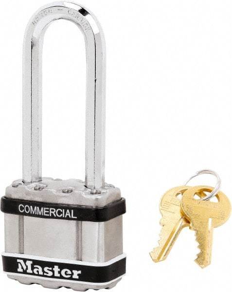 Master Lock - 2-1/2" Shackle Clearance, Keyed Different Padlock - 5/16" Shackle Diam, Laminated Steel - Americas Industrial Supply