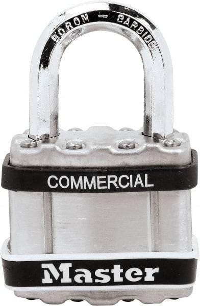 Master Lock - 1" Shackle Clearance, Keyed Different Padlock - 5/16" Shackle Diam, Laminated Steel - Americas Industrial Supply