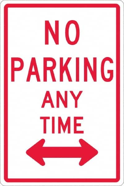 NMC - "No Parking Anytime", "Double Arrow", 12" Wide x 18" High, Aluminum No Parking & Tow Away Signs - 0.063" Thick, Red on White, Rectangle, Post Mount - Americas Industrial Supply