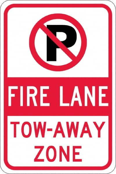 NMC - "Fire Lane Tow-Away Zone", "Strike on P", 12" Wide x 18" High, Aluminum No Parking & Tow Away Signs - 0.08" Thick, Red & Black on White, Engineer Grade Reflectivity, Rectangle, Post Mount - Americas Industrial Supply