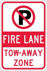 NMC - "Fire Lane Tow-Away Zone", "Strike on P", 12" Wide x 18" High, Aluminum No Parking & Tow Away Signs - 0.08" Thick, Red & Black on White, Engineer Grade Reflectivity, Rectangle, Post Mount - Americas Industrial Supply