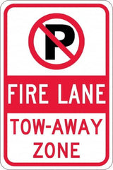 NMC - "Fire Lane Tow-Away Zone", "Strike on P", 12" Wide x 18" High, Aluminum No Parking & Tow Away Signs - 0.08" Thick, Red & Black on White, High Intensity Reflectivity, Rectangle, Post Mount - Americas Industrial Supply