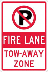 NMC - "Fire Lane Tow-Away Zone", "Strike on P", 12" Wide x 18" High, Aluminum No Parking & Tow Away Signs - 0.063" Thick, Red & Black on White, Rectangle, Post Mount - Americas Industrial Supply