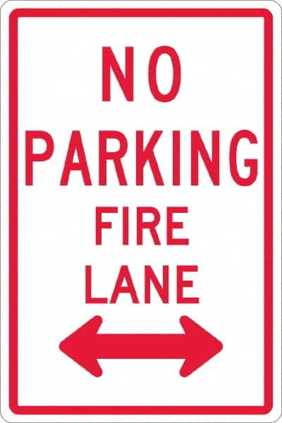 NMC - "No Parking - Fire Lane", "Double Arrow", 12" Wide x 18" High, Aluminum No Parking & Tow Away Signs - 0.08" Thick, Red on White, Engineer Grade Reflectivity, Rectangle, Post Mount - Americas Industrial Supply