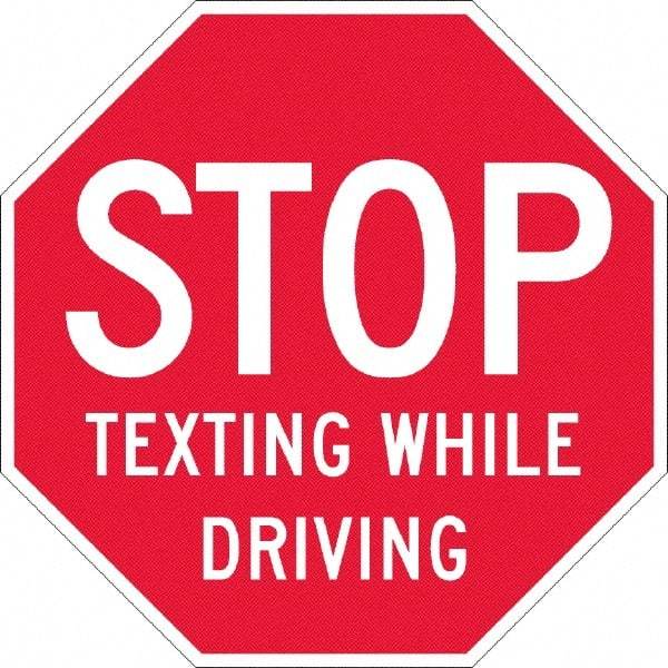 NMC - "Stop Texting While Driving", 12" Wide x 12" High, Plastic Warning & Safety Reminder Signs - 0.05" Thick, White on Red, Octagon, Wall Mount - Americas Industrial Supply