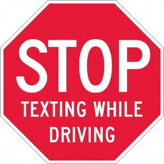 NMC - "Stop Texting While Driving", 12" Wide x 12" High, Plastic Warning & Safety Reminder Signs - 0.05" Thick, White on Red, Octagon, Wall Mount - Americas Industrial Supply