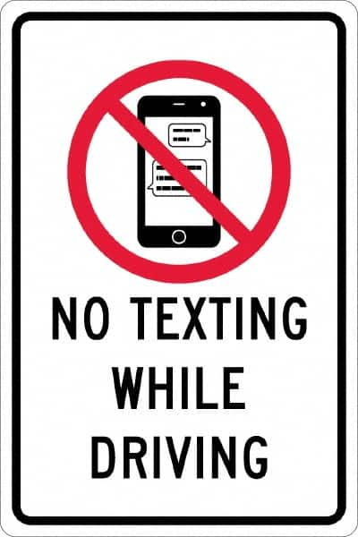 NMC - "No Texting While Driving", "Strike on Cell Phone", 12" Wide x 18" High, Aluminum Warning & Safety Reminder Signs - 0.063" Thick, Red & Black on White, Rectangle, Post Mount - Americas Industrial Supply