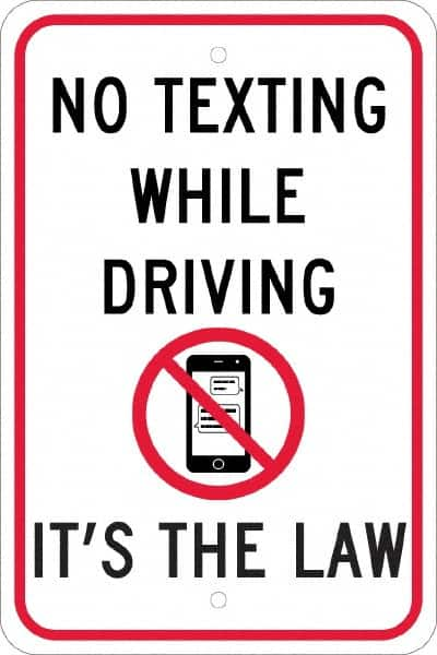 NMC - "No Texting While Driving It's The Law", "Strike on Cell Phone", 12" Wide x 18" High, Aluminum Warning & Safety Reminder Signs - 0.08" Thick, Red & Black on White, Engineer Grade Reflectivity, Rectangle, Post Mount - Americas Industrial Supply