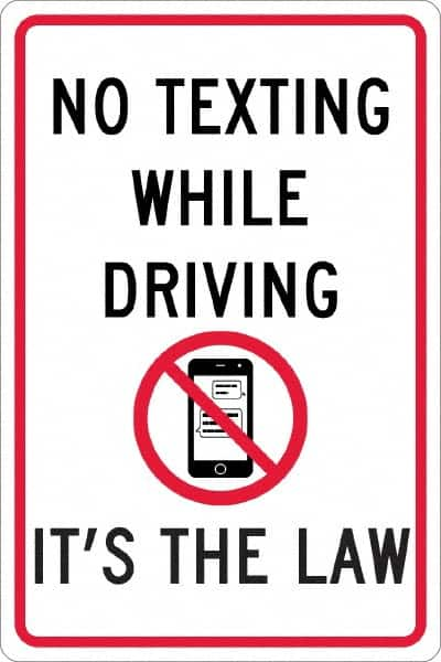 NMC - "No Texting While Driving It's The Law", "Strike on Cell Phone", 12" Wide x 18" High, Aluminum Warning & Safety Reminder Signs - 0.063" Thick, Red & Black on White, Rectangle, Post Mount - Americas Industrial Supply