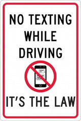 NMC - "No Texting While Driving It's The Law", "Strike on Cell Phone", 12" Wide x 18" High, Aluminum Warning & Safety Reminder Signs - 0.063" Thick, Red & Black on White, Rectangle, Post Mount - Americas Industrial Supply