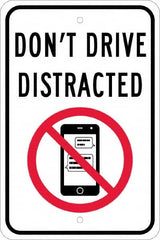 NMC - "Don't Drive Distracted", "Strike on Cell Phone", 12" Wide x 18" High, Aluminum Warning & Safety Reminder Signs - 0.08" Thick, Red & Black on White, Engineer Grade Reflectivity, Rectangle, Post Mount - Americas Industrial Supply