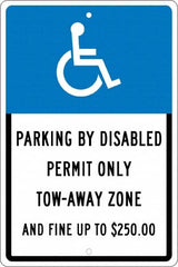 NMC - "Parking By Disabled Permit Only Tow-Away Zone And Fine Up To $250", "Handicap Symbol", 12" Wide x 18" High, Aluminum ADA Signs - 0.063" Thick, White on Blue, Rectangle, Post Mount - Americas Industrial Supply