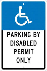 NMC - "Parking By Disabled Permit Only", "Handicap Symbol", 12" Wide x 18" High, Aluminum ADA Signs - 0.063" Thick, White on Blue, Rectangle, Post Mount - Americas Industrial Supply