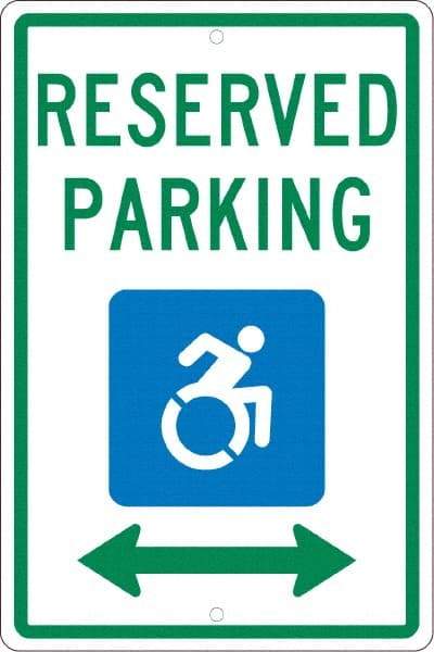 NMC - "Reserved Parking", "Handicap Symbol", 12" Wide x 18" High, Aluminum ADA Signs - 0.063" Thick, Green & Blue on White, Rectangle, Post Mount - Americas Industrial Supply