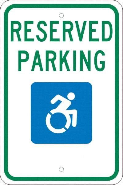 NMC - "Reserved Parking", "Handicap Symbol", 12" Wide x 18" High, Aluminum ADA Signs - 0.08" Thick, Green & Blue on White, Engineer Grade Reflectivity, Rectangle, Post Mount - Americas Industrial Supply