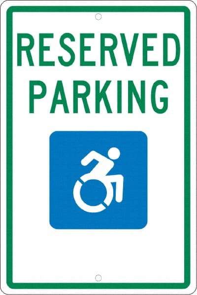 NMC - "Reserved Parking", "Handicap Symbol", 12" Wide x 18" High, Aluminum ADA Signs - 0.063" Thick, Green & Blue on White, Rectangle, Post Mount - Americas Industrial Supply