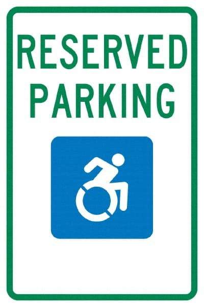 NMC - "Reserved Parking", "Handicap Symbol", 12" Wide x 18" High, Aluminum ADA Signs - 0.04" Thick, Green & Blue on White, Rectangle, Post Mount - Americas Industrial Supply