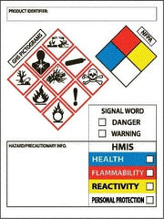 NMC - Hazardous Materials Label, Header: WARNING - Legend: GHS - Graphic, English, White, Red, Blue, Yellow & Black, 3" Long x 4" High, No Coating - Americas Industrial Supply