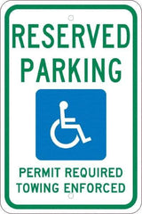 NMC - "Reserved Parking Permit Required Towing Enforced", "Handicap Symbol", 12" Wide x 18" High, Aluminum Reserved Parking Signs - 0.08" Thick, Green & Blue on White, Engineer Grade Reflectivity, Rectangle, Post Mount - Americas Industrial Supply