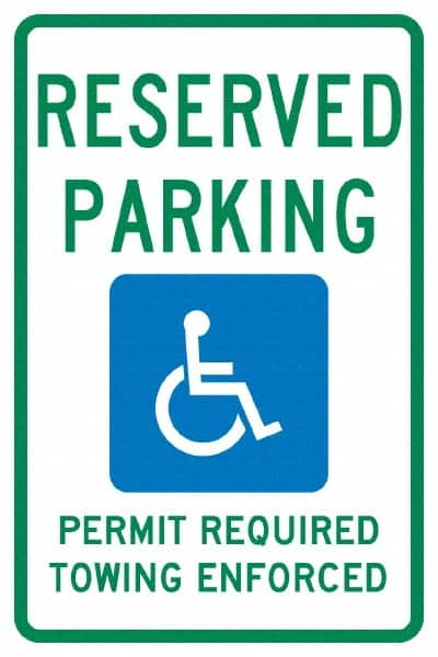 NMC - "Reserved Parking Permit Required Towing Enforced", "Handicap Symbol", 12" Wide x 18" High, Aluminum Reserved Parking Signs - 0.04" Thick, Green & Blue on White, Rectangle, Post Mount - Americas Industrial Supply