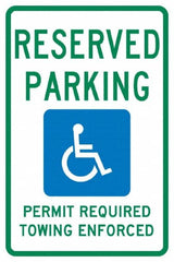 NMC - "Reserved Parking Permit Required Towing Enforced", "Handicap Symbol", 12" Wide x 18" High, Aluminum Reserved Parking Signs - 0.04" Thick, Green & Blue on White, Rectangle, Post Mount - Americas Industrial Supply