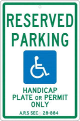 NMC - "Reserved Parking Handicap Plate Or Permit Only A.R.S SEC 28-884", "Handicap Symbol", 12" Wide x 18" High, Aluminum Reserved Parking Signs - 0.063" Thick, Green & Blue on White, Rectangle, Post Mount - Americas Industrial Supply