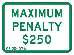 NMC - "Maximum Penalty $250", 12" Wide x 9" High, Aluminum No Parking & Tow Away Signs - 0.04" Thick, Green on White, Rectangle, Post Mount - Americas Industrial Supply