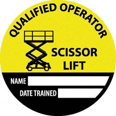 NMC - Safety Trained Scissor Lift - Name ____ Date Trained ____, Hard Hat Label - Round, Yellow, Black, White, 0.004" Thick, Indoor or Outdoor, Adhesive Backed, For Accident Prevention - Americas Industrial Supply