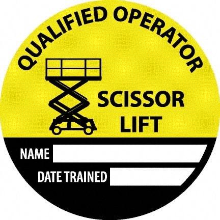 NMC - Safety Trained Scissor Lift - Name ____ Date Trained ____, Hard Hat Label - Round, Yellow, Black, White, 0.004" Thick, Indoor or Outdoor, Adhesive Backed, For Accident Prevention - Americas Industrial Supply