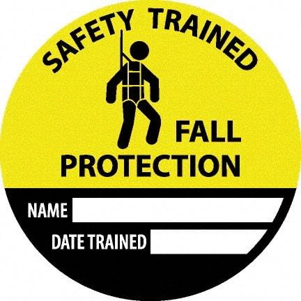 NMC - Safety Trained Fall Protection - Name ____ Date Trained ____, Hard Hat Label - Round, Yellow, Black, White, 0.004" Thick, Indoor or Outdoor, Adhesive Backed, For Accident Prevention - Americas Industrial Supply