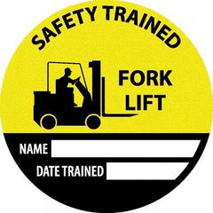 NMC - Safety Trained Fork Lift - Name ____ Date Trained ____, Hard Hat Label - Round, Yellow, Black, White, 0.004" Thick, Indoor or Outdoor, Adhesive Backed, For Accident Prevention - Americas Industrial Supply