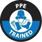 NMC - PPE Trained, Hard Hat Label - Round, Black & Blue on White, 0.004" Thick, Indoor or Outdoor, Adhesive Backed, For Accident Prevention - Americas Industrial Supply