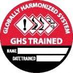 NMC - Globally Harmonized System GHS Trained - Name ____ Date Trained ____, Hard Hat Label - Round, Black & White on Red, 0.004" Thick, Indoor or Outdoor, Adhesive Backed, For Accident Prevention - Americas Industrial Supply