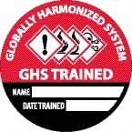 NMC - Globally Harmonized System GHS Trained - Name ____ Date Trained ____, Hard Hat Label - Diamond, Black & White on Red, 0.004" Thick, Indoor or Outdoor, Adhesive Backed, For Accident Prevention - Americas Industrial Supply