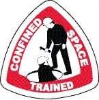 NMC - Confined Space Trained, Hard Hat Label - Triangle, Black & Red on White, 0.004" Thick, Indoor or Outdoor, Adhesive Backed, For Accident Prevention - Americas Industrial Supply