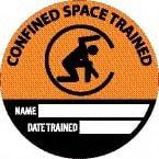 NMC - Confined Space Trained - Name ____ Date Trained ____, Hard Hat Label - Round, Black & Orange on White, 0.004" Thick, Indoor or Outdoor, Adhesive Backed, For Accident Prevention - Americas Industrial Supply