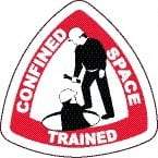 NMC - Confined Space Trained, Hard Hat Label - Triangle, Black & Red on White, 0.004" Thick, Indoor or Outdoor, Adhesive Backed, For Accident Prevention - Americas Industrial Supply