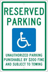 NMC - "Reserved Parking Unauthorized Parking Punishable By $200 Fine And Subject To Towing", "Handicap Symbol", 12" Wide x 18" High, Aluminum ADA Signs - 0.063" Thick, Green & Blue on White, Rectangle, Post Mount - Americas Industrial Supply