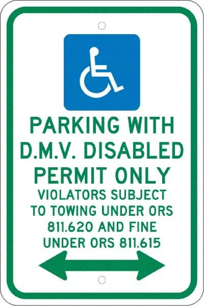 NMC - "Parking With D.M.V. Disabled Permit Only", "Double Arrow, Handicapped Symbol", 12" Wide x 18" High, Aluminum ADA Signs - 0.08" Thick, Green & Blue on White, Engineer Grade Reflectivity, Rectangle, Post Mount - Americas Industrial Supply