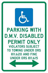 NMC - "Parking With D.M.V. Disabled Permit Only", "Double Arrow, Handicapped Symbol", 12" Wide x 18" High, Aluminum ADA Signs - 0.04" Thick, Green & Blue on White, Rectangle, Post Mount - Americas Industrial Supply